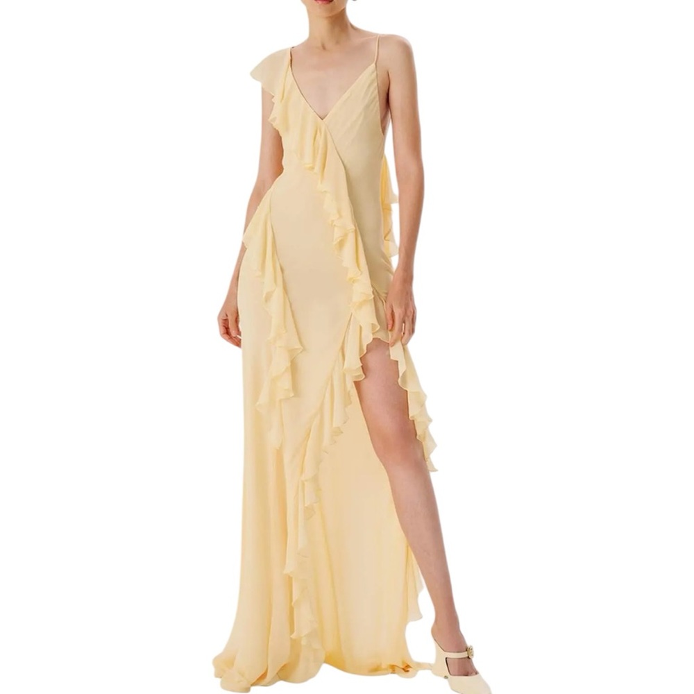 Ronny Kobo Collection Pale Yellow Ruffle Maxi Dress
